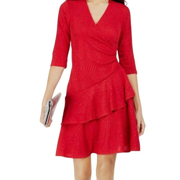 Signature Robbie Bee Sparkly Tiered Fit & Flare Dress Sz Medium in Red NWT - Picture 1 of 6
